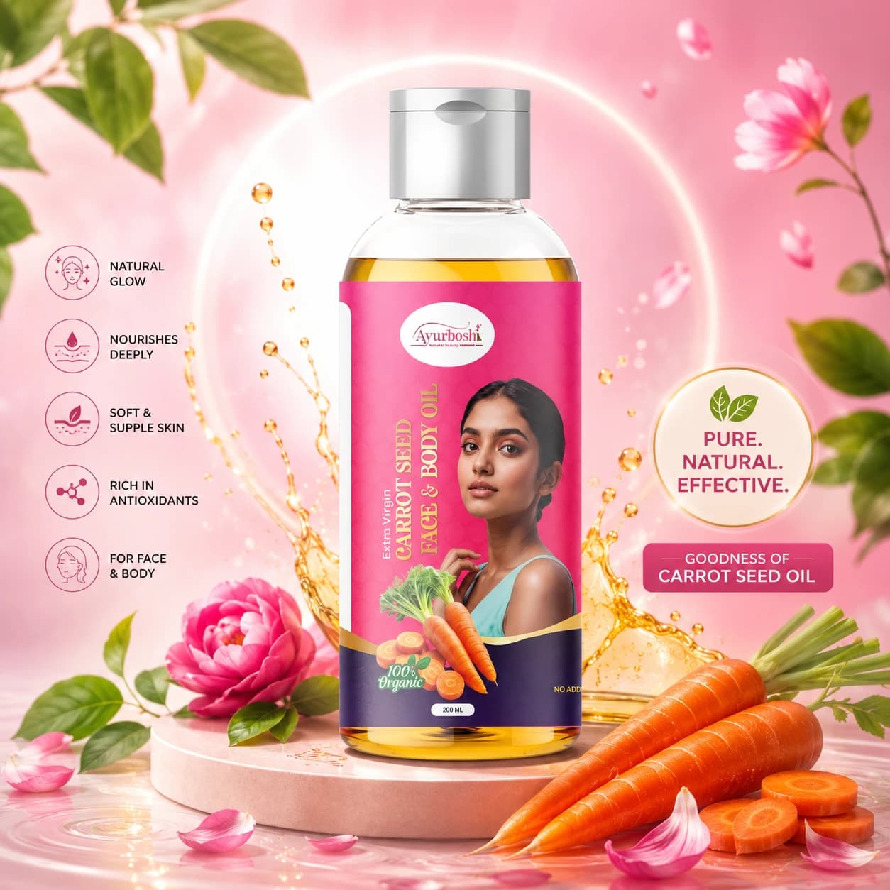 Ayurboshi 100% Pure Carrot Seed Oil for Face & Body – Natural Brightening & Glow