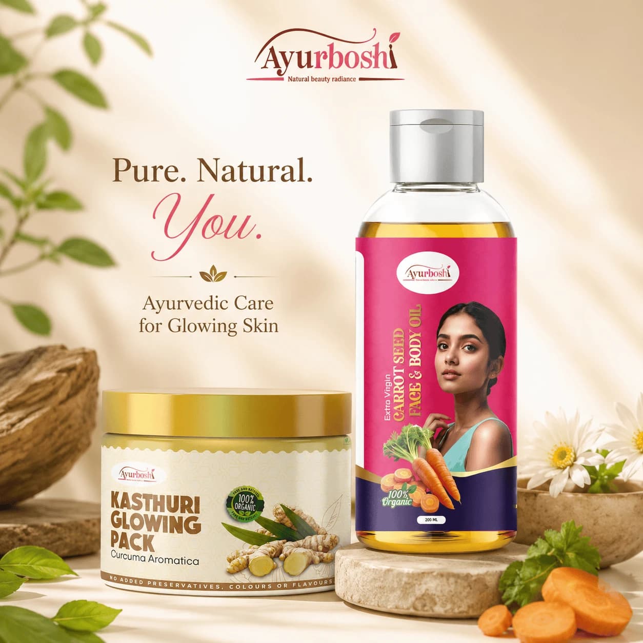Ayurboshi Radiant Skin Combo – Kasthuri Glow Pack + Carrot Seed Oil